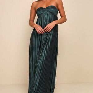 Lulus Whimsical Beauty Emerald Green Satin Plisse Strapless Maxi Dress - Size S